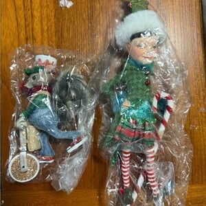Whimsical Elf and Mouse Figurine Set - Green and Red